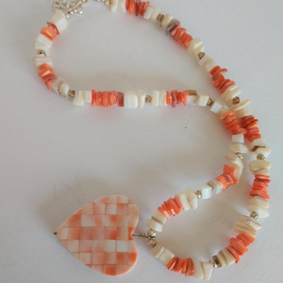 Handmade Valentines Heart Necklace with Peach Coral White Shell Beads 19 Inch - Picture 6 of 16